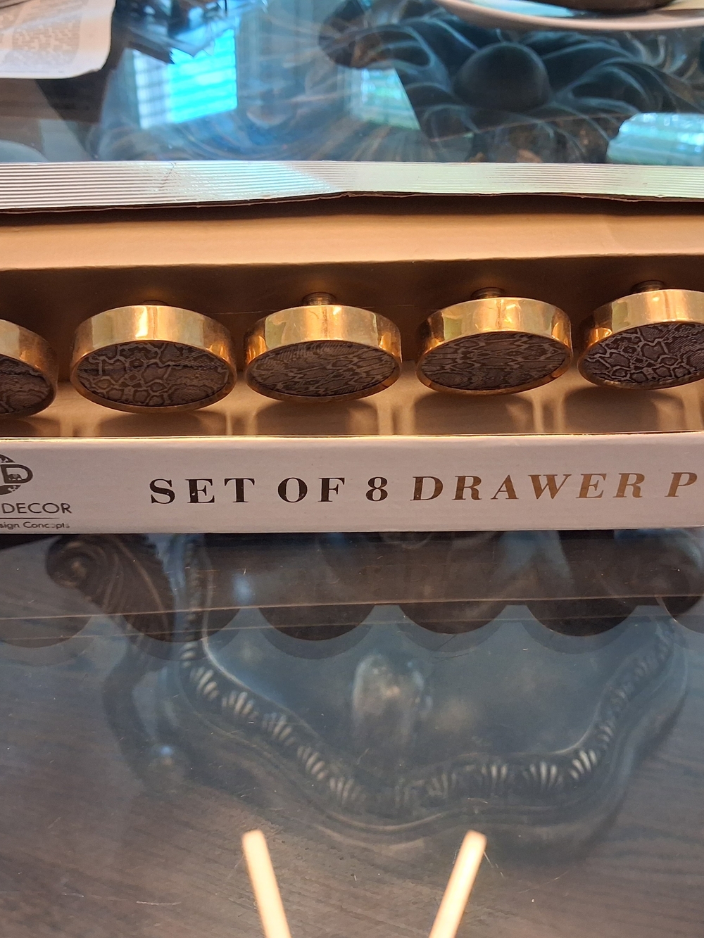 Set of 8 Round Gold Drawer Pulls with Textured Brown Centers